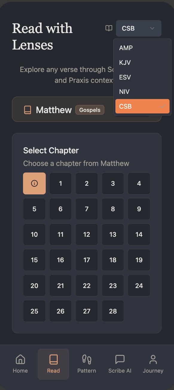 Praxis app, Read with Lenses screen showing the book of Matthew and a translation picker